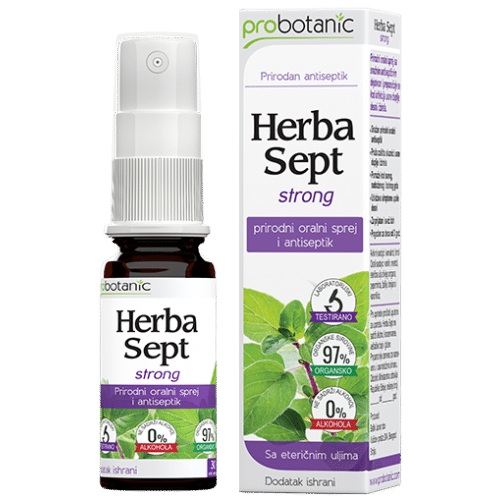 PROBOTANIC HERBA SEPT STRONG SPREJ 30ml, Herba Sept strong je sprej za usnu šupljinu s antiseptičkim učinkom koji se preporučuje kod infekcija usne šupljine, desni i grla.