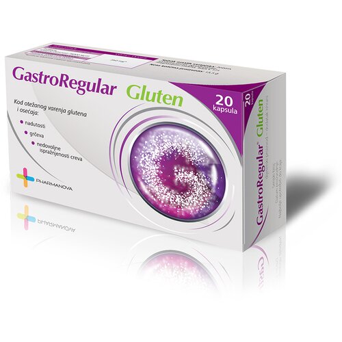 PHARMANOVA GASTRO REGULAR GLUTEN kapsule a20, Mješavina enzima koji olakšavaju konzumaciju hrane koja sadrži gluten.