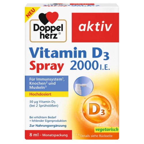 DOPPELHERZ VITAMIN D3 SPREJ 2000 I.E., (8ml) Za normalno funkcionisanje imunog sistema, za normalno zdravlje kostiju,mišića i koncentraciju kalcija.
