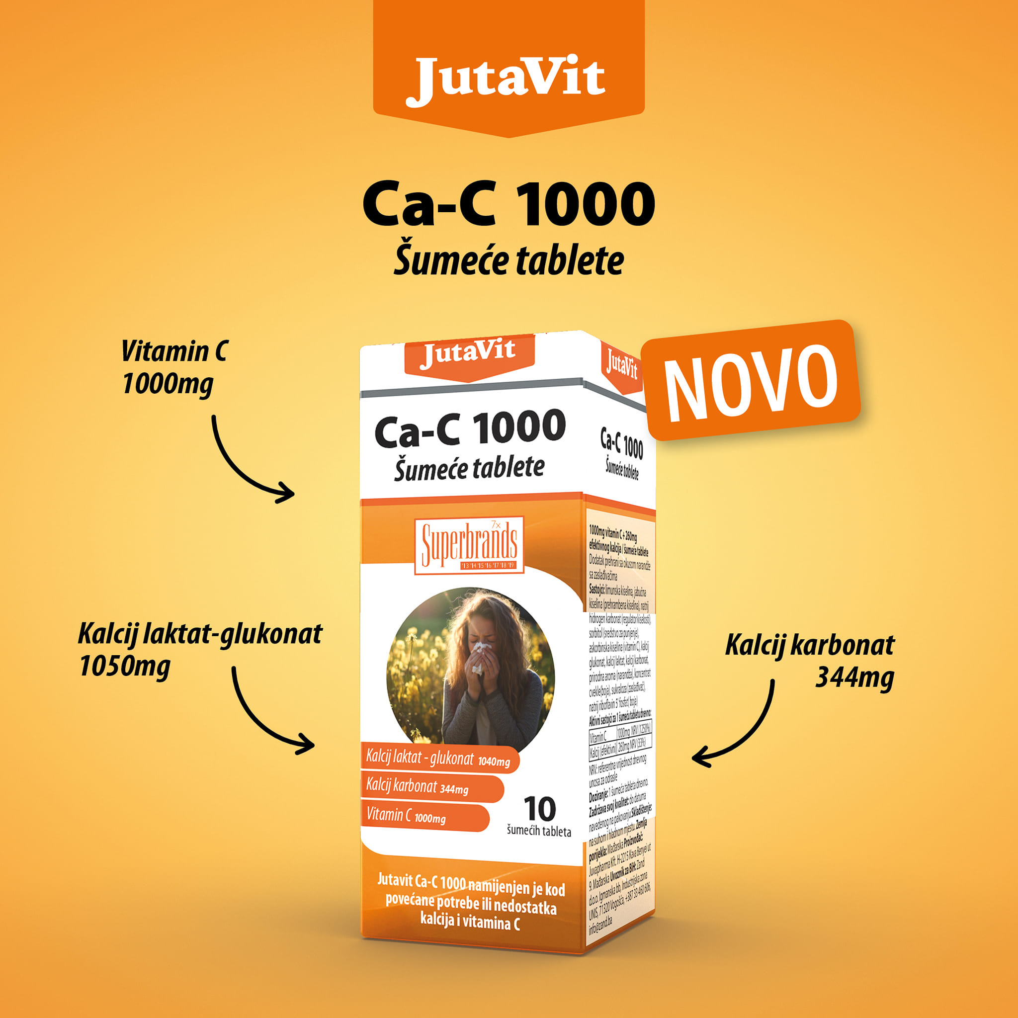 JutaVit Ca-C 1000 šumeće tablete a10, Kod povećane potrebe ili nedostatka kalcija i vitamina C