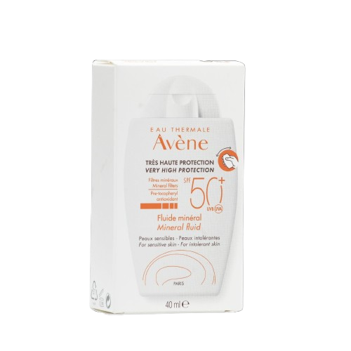 AVENE Mineralni fluid SPF50+ 40ml, Vrlo visoka zaštita od sunca, 100% mineralna, fluidna i lagana tekstura za kožu netolerantnu na kemijske filtre i mirise.