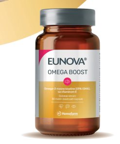 EUNOVA OMEGA BOOST KAPSULE 1000mg + vitamin E a30, Doprinosi zdravlju srca, vida i mozga u samo jednoj kapsuli na dan.