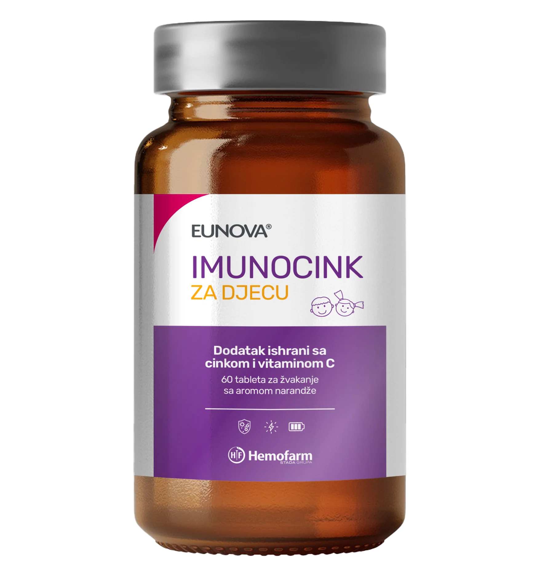 EUNOVA IMUNOCINK ZA DJECU TABLETE ZA ŽVAKANJE a60, Dodatak prehrani sa cinkom i vitaminom C, okus narandže