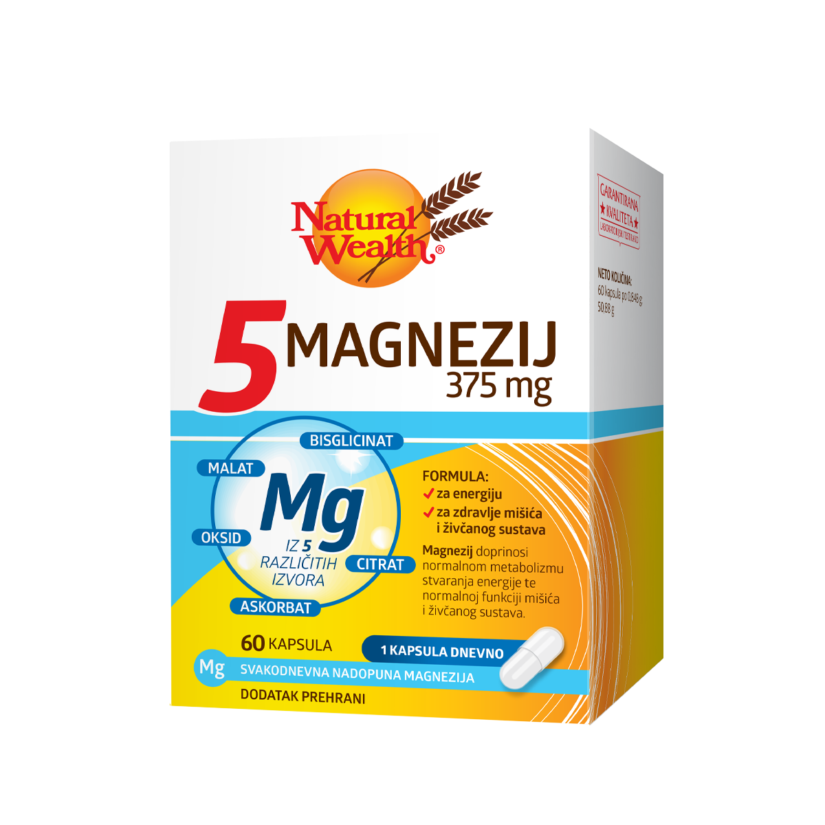 NATURAL WEALTH "5" MAGNEZIJ 375 mg (60 KAPSULA) (BISGLICINAT, CITRAT, MALAT, ASKORBAT OKSID)