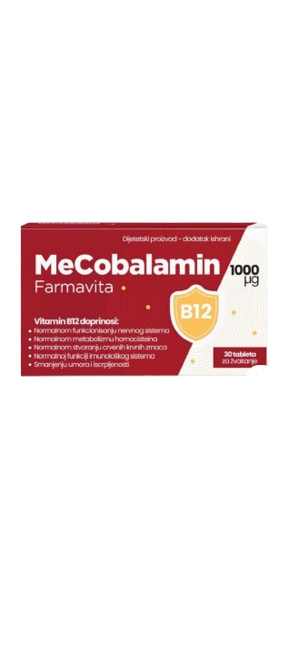 FARMAVITA MECOBALAMIN 1000MCG VITAMIN B12, 30 TABLETA ZA ŽVAKANJE Za normalno funkcionisanje živčanog sistema